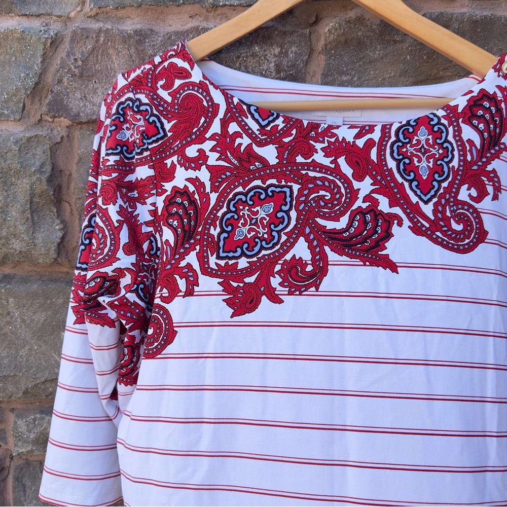 Charter Club Petite XL Boatneck 3/4 Sleeve Top Red White Stripe Paisley NWT - Picture 5 of 12
